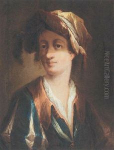 Portrait Of A Gentleman Wearing A Blue Jacket With Slashed Sleeves And A Pink Collar And An Elaborate Feathered Hat