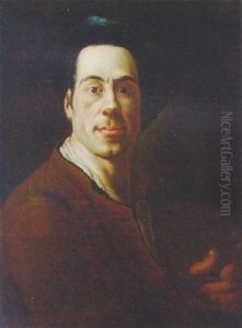Portrait Of The Artist In A Brown Jacket And A Blue Cap, Holding A Palette by Christian Seybold