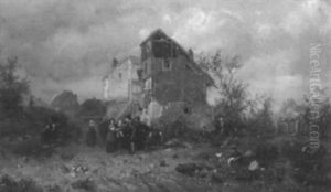 Bauerliche Szene In Dorflandschaft by Eduard Gustav Seydel