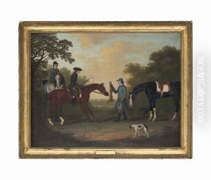 A Gentleman And Lady On Their Hunters, With A Groom Holding A Hare, With Two Greyhounds And A Hunter, In A Wooded Landscape by James Seymour