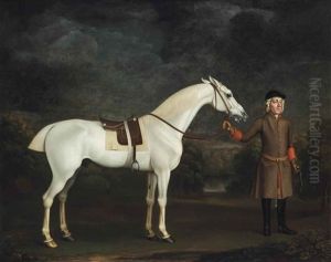 A Saddled Grey Thoroughbred Racehorse Being Held By A Groom by James Seymour