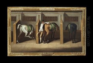A Groom And Three Racehorses In A Stable