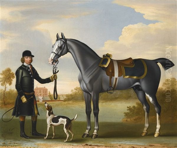 A Saddled Grey With A Liveried Groom Outside A Country House - view 1