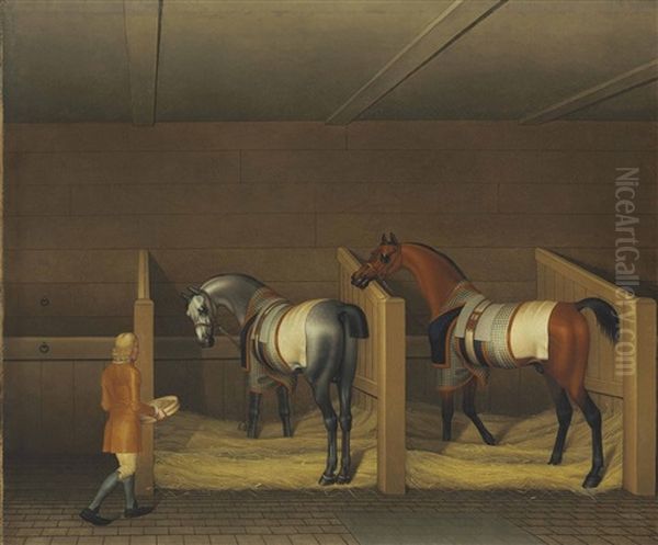 A Stable Interior, A Groom Bringing Oats To A Bay And A Grey Stallion - view 1
