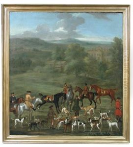 A Harrier Pack With Hounds And Huntsmen Before A Country House, Possibly Drumlanrig, Scotland by James Seymour