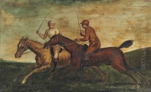 A Bay Racehorse And A Chestnut Racehorse With Jockeys Up by James Seymour