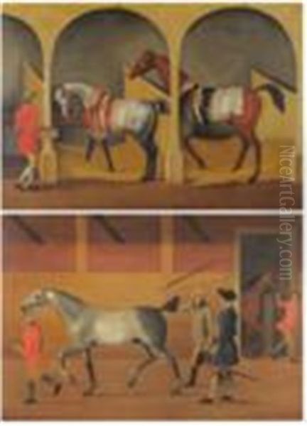 Two Racehorses And A Groom In A Stable Interior; A Racehorse And Other Figures Before A Stable (pair) - view 1