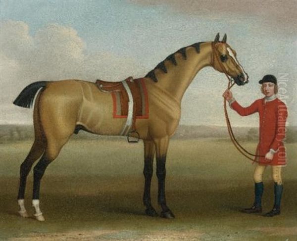 "cato", A Bay Racehorse, With A Groom In A Landscape - view 1