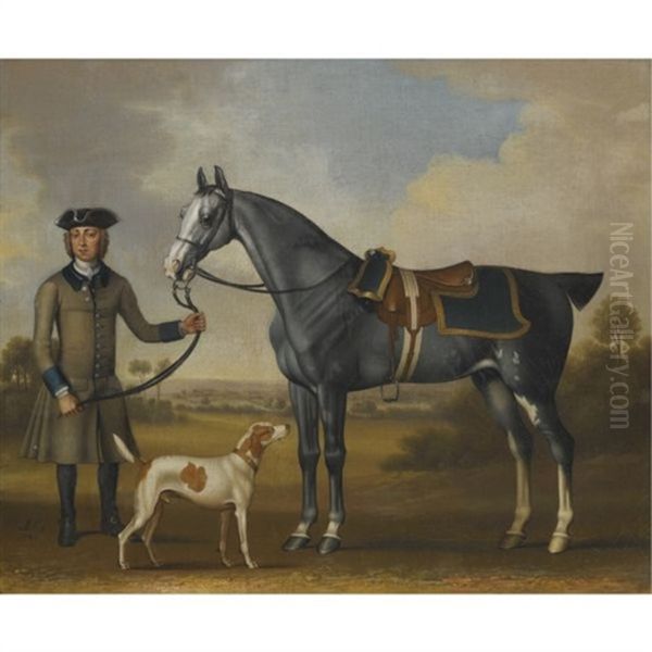 A Gray Hunter Held By A Groom With A Hound In A Landscape - view 1