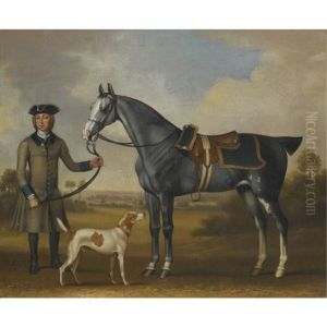 A Gray Hunter Held By A Groom With A Hound In A Landscape by James Seymour