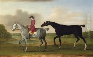 A Liver Chesnut Racehorse Led By A Mounted Groom In A Wooded Landscape by James Seymour