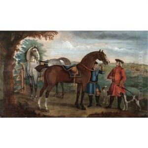 A Grey And A Chestnut Hunter Held By A Groom, A Huntsman With Two Hounds By His Side by James Seymour