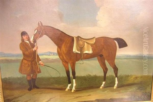 A Groom With A Bay Racehorse - view 1