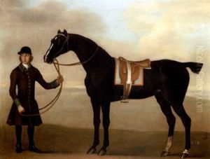 A Black Hunter Held By A Groom In A Landscape by James Seymour