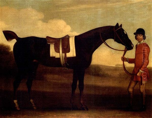 A Groom Holding A Liver Chestnut Hunter, In A Landscape - view 1