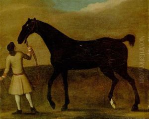 A Dark Bay Or Black Racehorse Held By A Groom