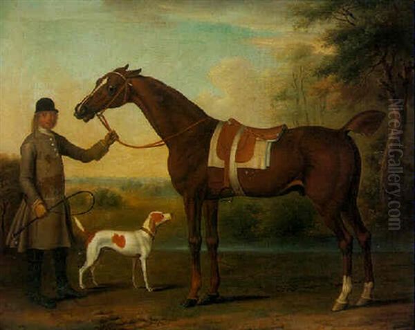 A Bay Hunter Held By A Groom With A Hound - view 1