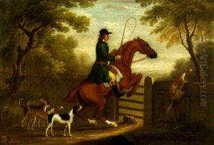 Huntsman With Hounds Jumping A Gate by James Seymour