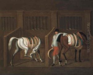Mr. Ambrose Phillip's Two Racehorses In A Stable With A Groom