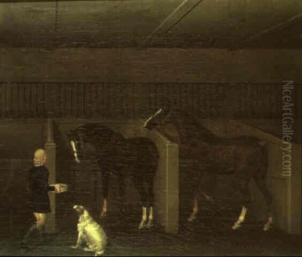 Groom, Horses And Dog In A Stable - view 1