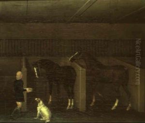 Groom, Horses And Dog In A Stable Groom, Horses And Dog In A Stable