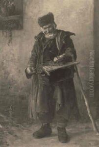 An Old Man With A Box And Staff by Carl Maria Seyppel