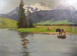 Sommerliche Alpenlandschaft Mit Weidenden Kuhen An Einem See by Hans Seyppel