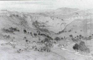 Shepherd Minding Sheep Before Malham And Malham Cove, Lancashire by William Shackleton