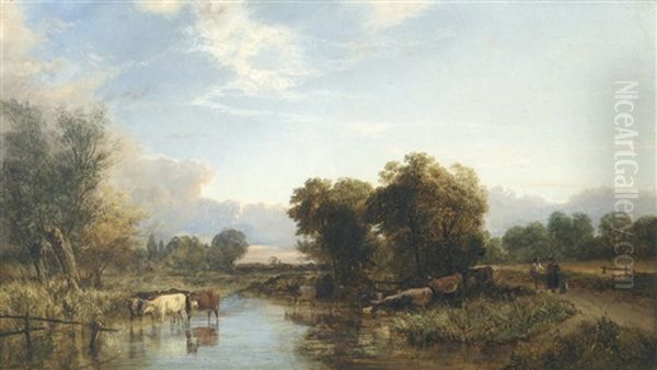 Cattle Watering In A River Landscape - view 1