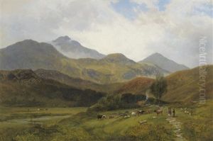 Scene In North Wales, With Figures Cattle And Sheep
