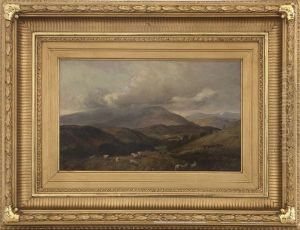 Bergslandskap Med Betande Farhjord Och Figur Med Hast Och Karra