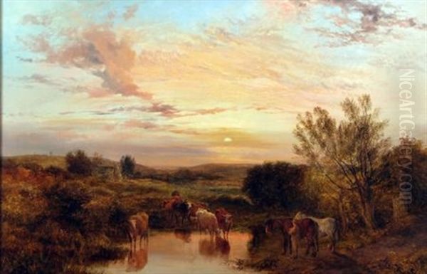 Country Landscape With Cattle Watering, Figure And Horses Nearby - view 1