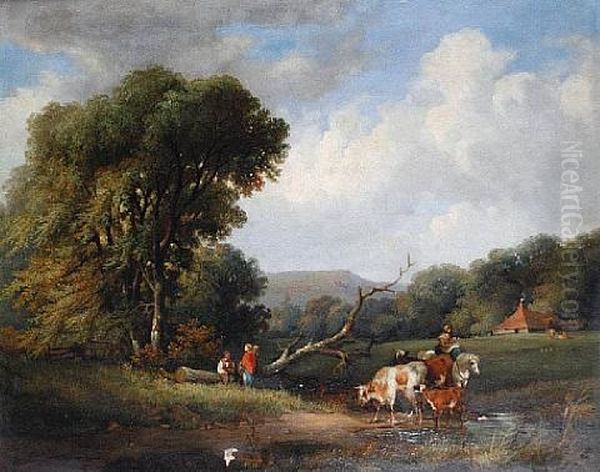 Figures And Cattle Resting Beside A Pond - view 1