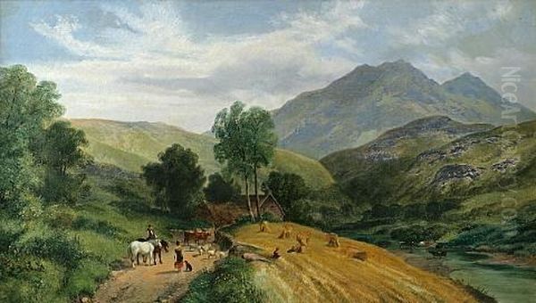 An Extensive Mountainous River Landscape With Figures, Horses And Cattle On A Path In The Foreground - view 1