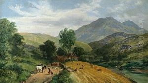 An Extensive Mountainous River Landscape With Figures, Horses And Cattle On A Path In The Foreground by George Shalders