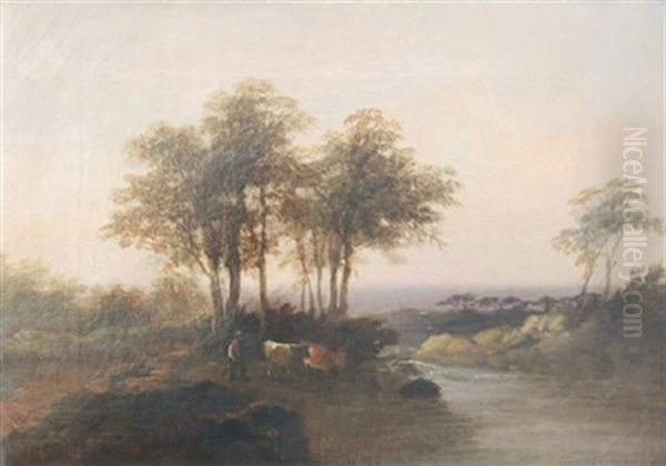 Landschaft Mit Bauer Und Kuhen Im Abendrot - view 1