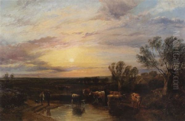 An Extensive Landscape At Dusk With A Herd Of Cows, And Two Figures And A Dog In The Foreground - view 1