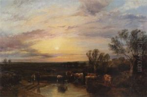 An Extensive Landscape At Dusk With A Herd Of Cows, And Two Figures And A Dog In The Foreground