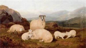 Ewes And Lambs In A Highland Landscape by George Shalders