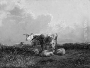 Zwei Kuhe Und Drei Ruhende Schafe Auf Einer Anhohe Vor Abendlichem Himmel by George Shalders