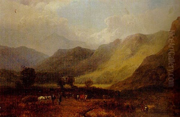 A Drover And Cattle In A Mountainous Lake Landscape - view 1