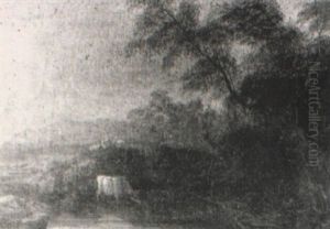 Cattle Watering, Sheep Grazing Beyond by George Shalders