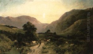 Countryfolk Conversing On A Track In A River Landscape by George Shalders