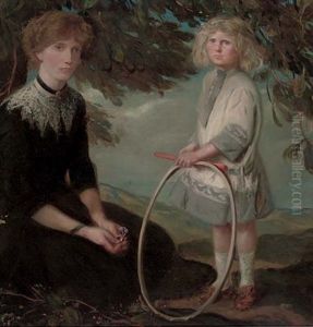 Portrait Of A Mother In A Garden, Her Son Standing Beside Her Holding A Hoop