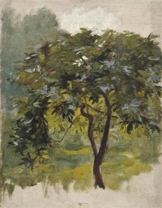 Four Oil Studies Including A Woman In A Cafe, A Dog, An Interior Scene And A Tree by James Jebusa Shannon