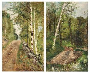 Two Landscapes: Old Road In Jackson N.h And Country Road With Birch Trees by Frank Henry Shapleigh