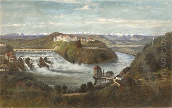 Panoramic European Landscape Depicting A Large White Castle And Snow-covered Alps In The Background. A White Water River With Waterfall Fills The Foreground - view 1