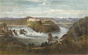 Panoramic European Landscape Depicting A Large White Castle And Snow-covered Alps In The Background. A White Water River With Waterfall Fills The Foreground by Frank Henry Shapleigh