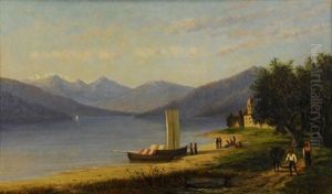 Mountain Lake With Figures And Boats On The Shore by Frank Henry Shapleigh