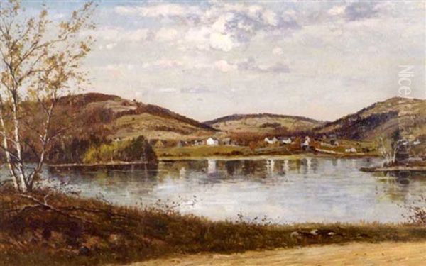 Autumn View Of A New England Village With Lake - view 1